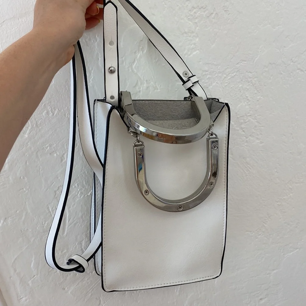 Zara mini tote white leather metallic handles crossbody bag - Picture 3 of 9
